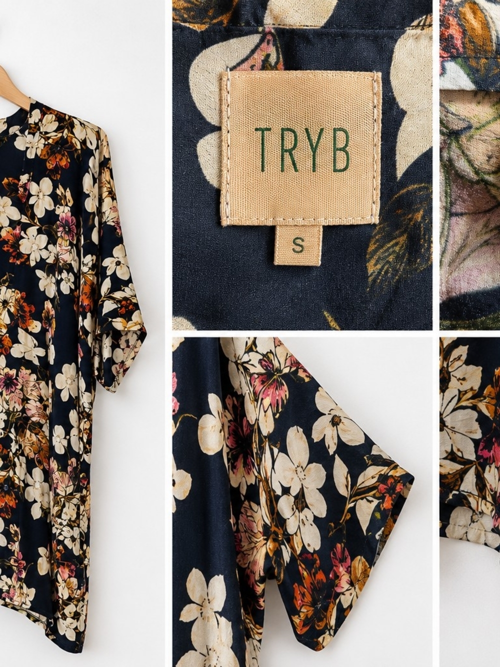 TRYB Silk Floral Kimono-Style button closure robe/cover in Navy and Cream
